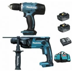Pack Makita Starter Makita 18V: Perceuse 42Nm DDF453 + Perforateur 1,3J DHR165 + 2 Batteries 3Ah + Sac