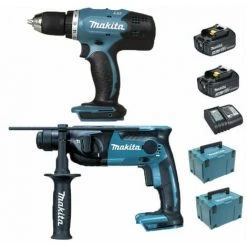 Pack Makita Starter 18V: Perceuse 42Nm DDF453 + Perforateur 1,3J DHR165 + 2 Batteries 3Ah + 2 Coffrets Makpac MAKITA