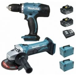 Pack Makita Starter 18V: Perceuse 42Nm DDF453 + Meuleuse 115mm DGA452 + 2 Batteries 3Ah + 2 Coffrets MAKPAC MAKITA