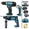 Pack Makita Starter 18V: Perceuse 42Nm DDF453 + Perforateur 1,3J DHR165 + Lampe Torche DEADML802 + 2 Batteries 3Ah + Sac MAKITA