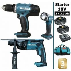 Pack Makita Starter 18V: Perceuse 42Nm DDF453 + Perforateur 1,3J DHR165 + Lampe Torche DEADML802 + 2 Batteries 3Ah + Sac MAKITA