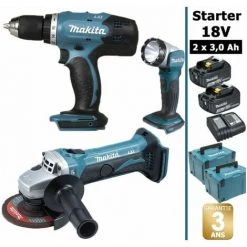 Pack Makita Starter 18V: Perceuse 42Nm DDF453 + Meuleuse 115mm DGA452 + Lampe Torche DEADML802 + 2 Batteries 3Ah + 2 Coffrets