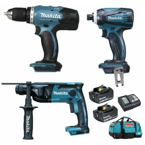 Pack Makita Starter 18V: Perceuse 42Nm DDF453 + Perforateur 1,3J DHR165 + Visseuse à Choc 160Nm DTD146 + 2 Batteries 3Ah + Sac