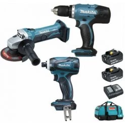 Pack Makita Starter 18V: Perceuse 42Nm DDF453 + Meuleuse 115mm DGA452 + Visseuse à Choc 160Nm DTD146 + 2 Batteries 3Ah + Sac
