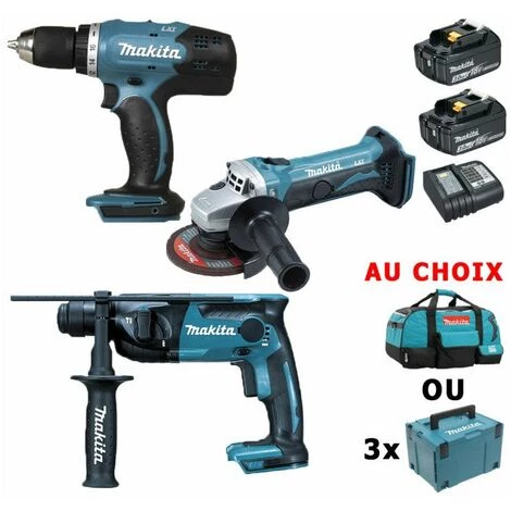 Pack Makita Starter 18V: Perceuse 42Nm DDF453 + Perforateur 1,3J DHR165 + Meuleuse 115mm DGA452 + 2 Batteries 3Ah + Sac Ou Coffrets Makpac Avec Vidéo