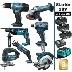 Pack Makita Starter 7 Outils 18V: DDF453 + DHR165 + DGA452 + DTD146 + DJV180 + DSS610 + DJR183 + 3 Batt 3Ah + Sac