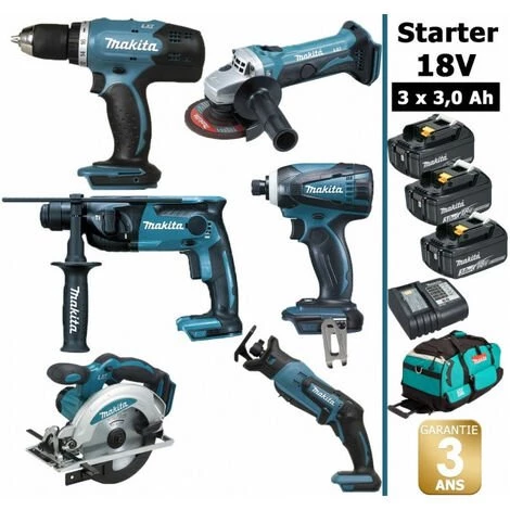 Pack Makita Starter 6 Outils 18V: DDF453 + DHR165 + DGA452 + DTD146 + DSS610 + DJR183 + 3 Batt 3Ah + Sac