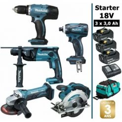 Pack Starter Makita 5 Outils 18V: Perceuse DDF453 + Perfo DHR165 + Meuleuse DGA452 + Visseuse DTD146 + DSS610 + 3 Batt 3Ah + Sac