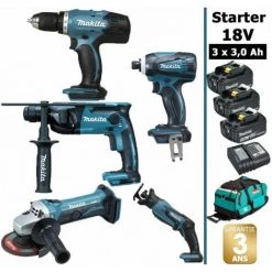 Pack Makita Starter 5 Outils 18V: Perceuse DDF453 + Perfo DHR165 + Meuleuse DGA452 + Visseuse DTD146 + DJR183 + 3 Batt 3Ah + Sac