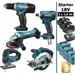 Pack Makita Starter 5 Outils 18V: DDF453 + DGA452 + DTD146 + DJV180 + DSS610 + 3 Batt 3Ah + 4 Coffrets