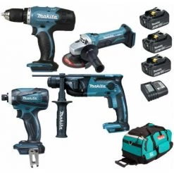 Pack Starter 18V: Perceuse DDF453 + Perfo DHR165 + Meuleuse DGA452 + Visseuse à Choc DTD146 + 3 Batt 3Ah + Sac MAKITA