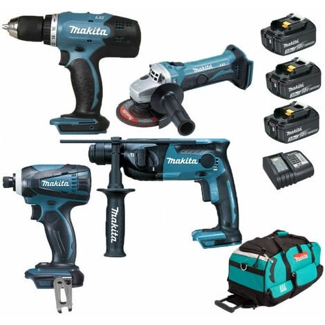 Pack Starter 18V: Perceuse DDF453 + Perfo DHR165 + Meuleuse DGA452 + Visseuse à Choc DTD146 + 3 Batt 3Ah + Sac MAKITA
