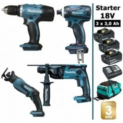 Pack Makita Starter 18V: Perceuse DDF453 + Perfo DHR165 + Visseuse à Choc DTD146 + Scie Récipro DJR183 + 3 Batt 3Ah + Sac MAKITA