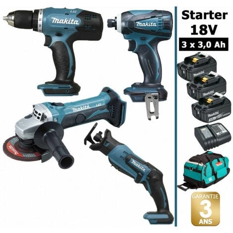 Pack Makita Starter 18V: Perceuse DDF453 + Meuleuse DGA452 + Visseuse à Choc DTD146 + Scie Récipro DJR183 + 3 Batt 3Ah + Sac