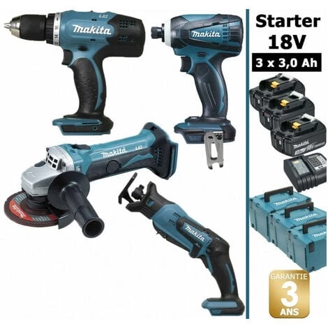 MAKITA Pack Starter 18V: Perceuse DDF453 + Meuleuse DGA452 + Visseuse à Choc DTD146 + Scie Récipro DJR183 + 3 Batt 3Ah + 3 Coffrets