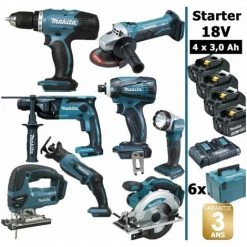 Pack Makita Starter 8 Outils 18V: DDF453 DHR165 DGA452 DTD146 DJV180 DSS610 DJR183 DEADML802 4 Batt 3Ah 6 Coffrets