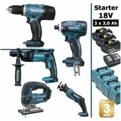 Pack Makita Starter 5 Outils 18V: Perceuse DDF453 + Perfo DHR165 + Visseuse à Choc DTD146 + Scie Sauteuse DJV180 + Scie Récipro