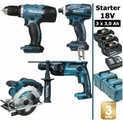 Pack Makita Starter 18V: Perceuse DDF453 + Perfo DHR165 + Visseuse à Choc DTD146 + Scie Circulaire DSS610 + 3 Coffrets Makpac