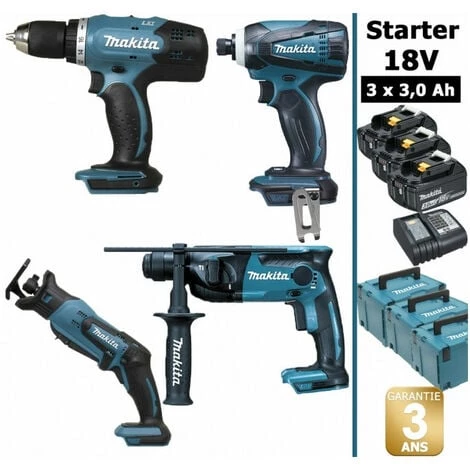 Pack Makita Starter 18V: Perceuse DDF453 + Perfo DHR165 + Visseuse à Choc DTD146 + Scie Récipro DJR183 + 3 Batt 3Ah + 3 Coffrets