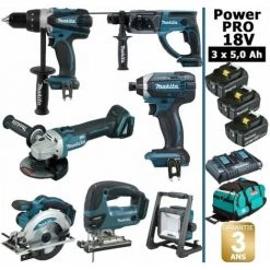 Pack Makita Power PRO 7 Outils 18V: DDF458 + DHR202 + DGA504 + DTD152 + DJV180 + DSS610 + Lampe DEADML805 + 3 Batt 5Ah + Sac