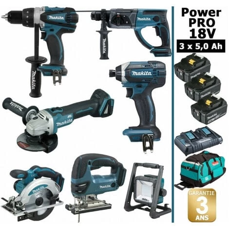 Pack Makita Power PRO 7 Outils 18V: DDF458 + DHR202 + DGA504 + DTD152 + DJV180 + DSS610 + Lampe DEADML805 + 3 Batt 5Ah + Sac