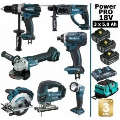 Pack Makita Power PRO 7 Outils 18V: DDF458 + DHR202 + DGA504 + DTD152 + DJV180 + DSS610 + DEADML802 + 3 Batt 5Ah + Sac