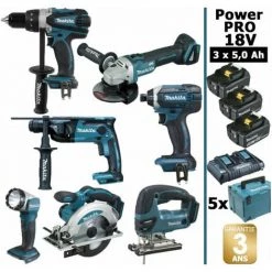 Pack Makita Power PRO 7 Outils 18V: DDF458 + DHR202 + DGA504 + DTD152 + DJV180 + DSS610 + DEADML802 + 3 Batt 5Ah + 5 Coffrets