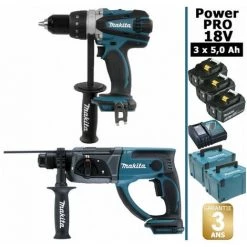 Pack Makita Power PRO 18V: Perceuse 91Nm DDF458 + Perforateur 2J DHR202 + 3 Batt 5Ah + 2 Coffrets Makpac MAKITA