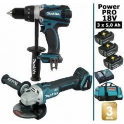 Pack Makita Power PRO 18V: Perceuse 91Nm DDF458 + Meuleuse 125mm DGA504 + 3 Batt 5Ah + Sac MAKITA