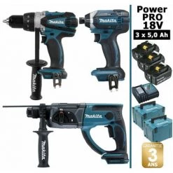 Pack Makita Power PRO 18V: Perceuse 91Nm DDF458 + Perfo 2J DHR202 + Visseuse à Chocs 165Nm DTD152 + 3 Batt 5Ah + 2 Coffrets
