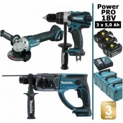 Pack Power PRO 18V: Perceuse 91Nm DDF458 + Perfo 2J DHR202 + Meuleuse 125mm DGA504 + 3 Batt 5Ah + 3 Coffrets Makpac MAKITA