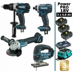 Pack Makita Power PRO 18V: DDF458 + DGA504 + DTD152 + DJV180 + 3 Batt 5Ah + Sac