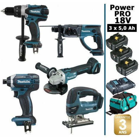 Pack Makita Power PRO 5 Outils 18V: DDF458 + DHR202 + DGA504 + DTD152 + DJV180 + 3 Batt 5Ah + Sac