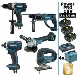 Pack Makita Power PRO 5 Outils 18V: DDF458 + DHR202 + DGA504 + DTD152 + DJV180 + 3 Batt 5Ah + 4 Coffrets