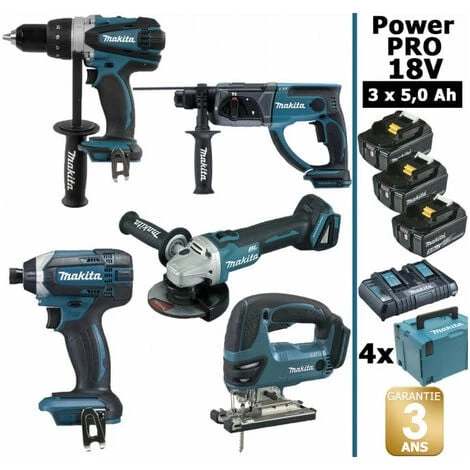 Pack Makita Power PRO 5 Outils 18V: DDF458 + DHR202 + DGA504 + DTD152 + DJV180 + 3 Batt 5Ah + 4 Coffrets