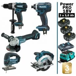 Pack Makita Power PRO 5 Outils 18V: DDF458 + DGA504 + DTD152 + DJV180 + DSS610 + 3 Batt 5Ah + Sac