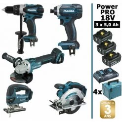 Pack Makita Power PRO 5 Outils 18V: DDF458 + DGA504 + DTD152 + DJV180 + DSS610 + 3 Batt 5Ah + 4 Coffrets