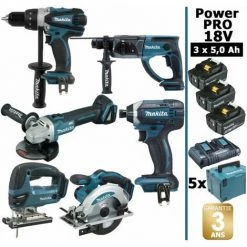 Pack Makita Power PRO 6 Outils 18V: DDF458 + DHR202 + DGA504 + DTD152 + DJV180 + DSS610 + 3 Batt 5Ah + 5 Coffrets