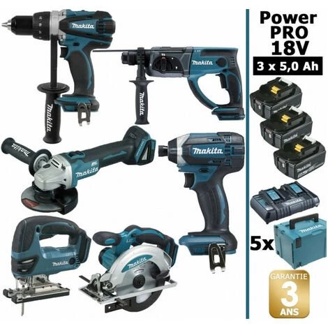 Pack Makita Power PRO 6 Outils 18V: DDF458 + DHR202 + DGA504 + DTD152 + DJV180 + DSS610 + 3 Batt 5Ah + 5 Coffrets