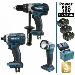 Pack Makita Power PRO 18V: Perceuse 91Nm DDF458 + Visseuse à Chocs 165Nm DTD152 + Lampe Torche LED 180lm DEADML802 + 3 Batt 5Ah