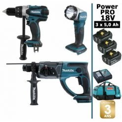 Pack Makita Power PRO 18V: Perceuse 91Nm DDF458 + Perfo 2J DHR202 + Lampe Torche Led 180lm + 3 Batt 5Ah + Sac MAKITA