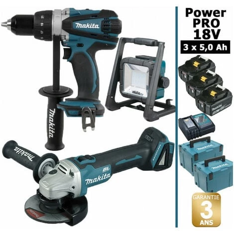 Pack Makita Power PRO 18V: Perceuse 91Nm DDF458 + Meuleuse 125mm DGA504 + Lampe De Chantier LED 750lm + 3 Batt 5Ah + 2 Coffrets