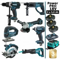 Pack Makita Power PRO 7 Outils 18V: DDF458 + DHR202 + DGA504 + Visseuse DTD152 + DJV180 + DSS610 + DJR186 + 3 Batt 5Ah + Sac