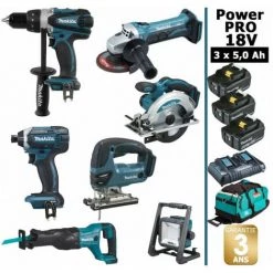 Pack Makita Power PRO 7 Outils 18V: DDF458 DGA504 DTD152 DJV180 DSS610 DJR186 Projecteur DEADML805 3 Batt 5Ah Sac