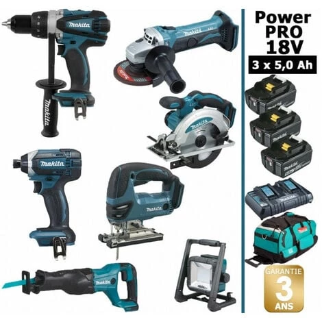 Pack Makita Power PRO 7 Outils 18V: DDF458 DGA504 DTD152 DJV180 DSS610 DJR186 Projecteur DEADML805 3 Batt 5Ah Sac