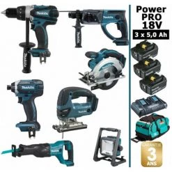 MAKITA Pack Power PRO 7 Outils 18V: DDF458 + DHR202 + DTD152 + DJV180 + DSS610 + DJR186 + Projecteur DEADML805 + 3 Batt 5Ah + Sac