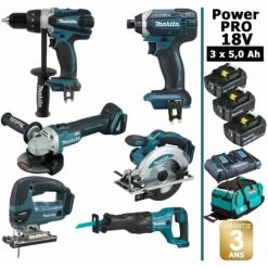 Pack Makita Power PRO 6 Outils 18V: DDF458 + DGA504 + DTD152 + DJV180 + DSS610 + DJR186 + 3 Batt 5Ah + Sac