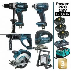Pack Makita Power PRO 6 Outils 18V: DDF458 + DHR202 + DTD152 + DJV180 + DSS610 + Projecteur + 3 Batt 5Ah + Sac