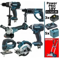 Pack Makita Power PRO 6 Outils 18V: DDF458 +DHR202 + DGA504 + DTD152 + DJV180 + DSS610 + 3 Batt 5Ah + 5 Coffrets + Chariot Diabl