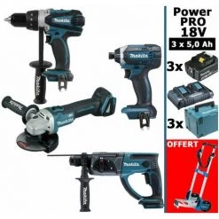MAKITA Pack Power PRO 18V: Perceuse 91Nm DDF458 + Perfo 2J DHR202 + Meuleuse 125mm DGA504 + Visseuse à Chocs 165Nm DTD152 + 3 Batt 5Ah